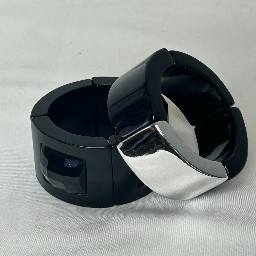 Set of 2 Chunky Black Silver Tone Stretch Bracelets Faceted Statement Bangles